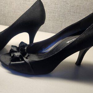 Black Satin Heels with Ruffle Front